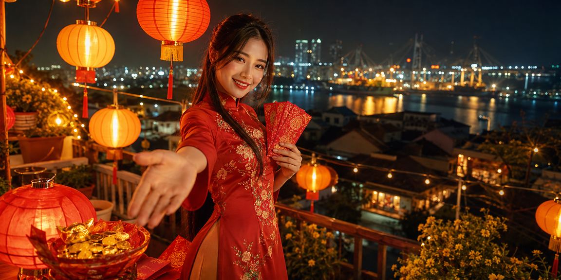 Không khí chợ đêm Hải Phòng với phong bì đỏ may mắn và người dùng nhận bonus trực tuyến
